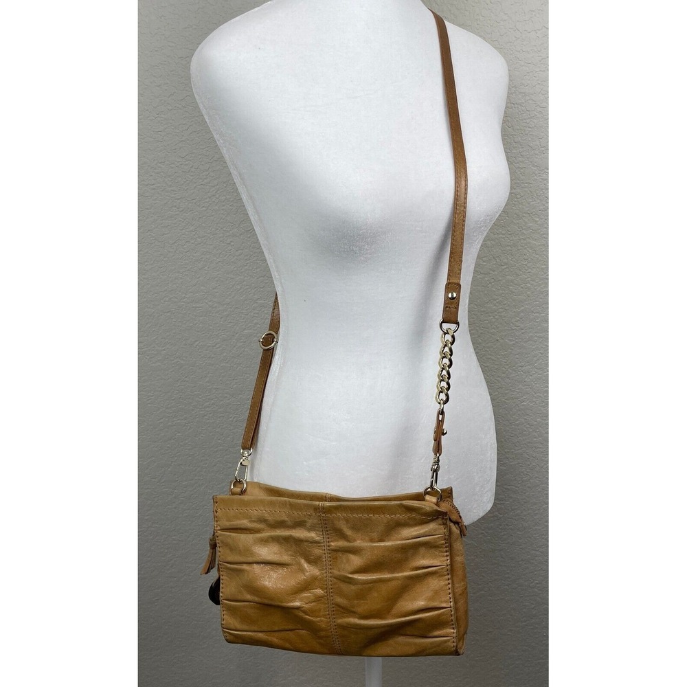 The Sak Crossbody Purse Small Tan Leather Gold Strap Detail Zip Closure Casual